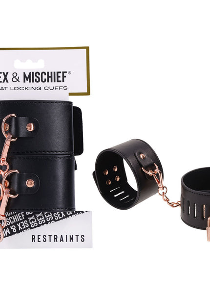 Sex & Mischief Brat Locking Cuffs - Black/Rose Gold Hand Cuffs