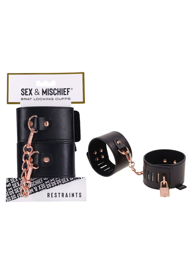 Sex & Mischief Brat Locking Cuffs - Black/Rose Gold Hand Cuffs