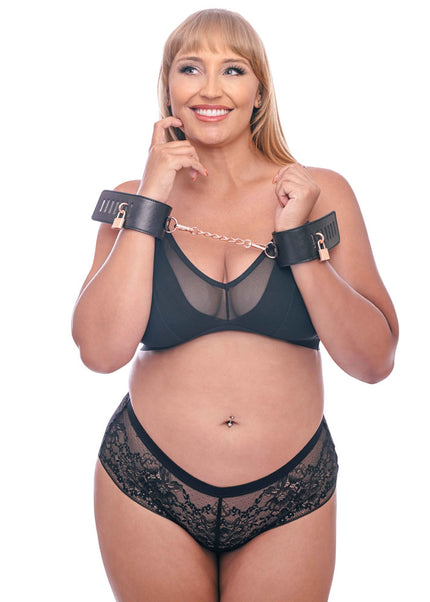 Sex & Mischief Brat Locking Cuffs - Black/Rose Gold Hand Cuffs