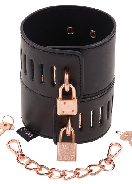 Sex & Mischief Brat Locking Cuffs - Black/Rose Gold Hand Cuffs