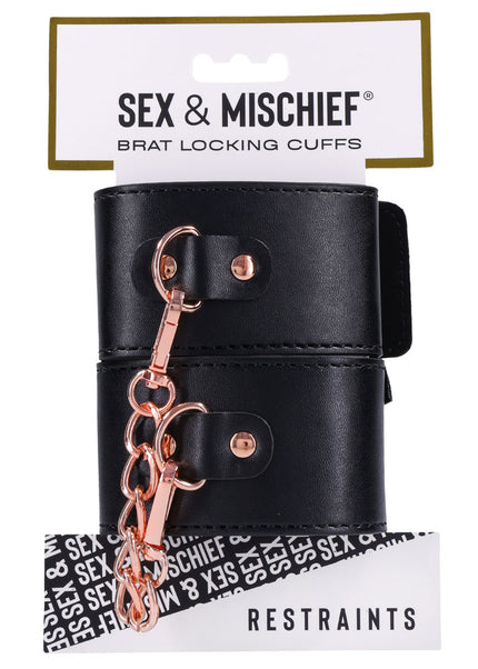 Sex & Mischief Brat Locking Cuffs - Black/Rose Gold Hand Cuffs