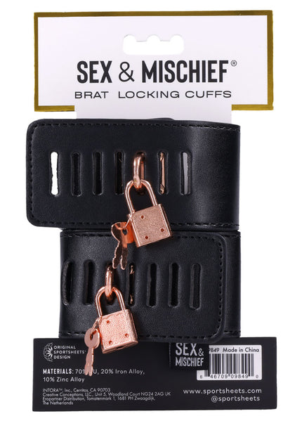 Sex & Mischief Brat Locking Cuffs - Black/Rose Gold Hand Cuffs