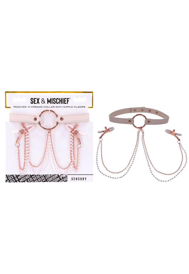 Sex & Mischief Peaches n CreaMe Collar with Nipple Clamps - Peach Nipple Restraints
