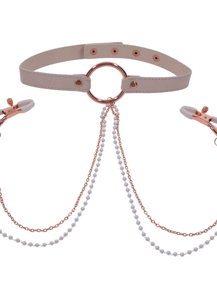 Sex & Mischief Peaches n CreaMe Collar with Nipple Clamps - Peach Nipple Restraints