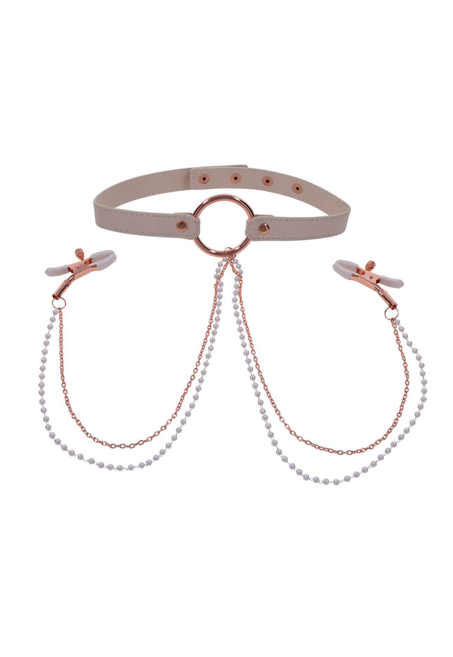 Sex & Mischief Peaches n CreaMe Collar with Nipple Clamps - Peach Nipple Restraints