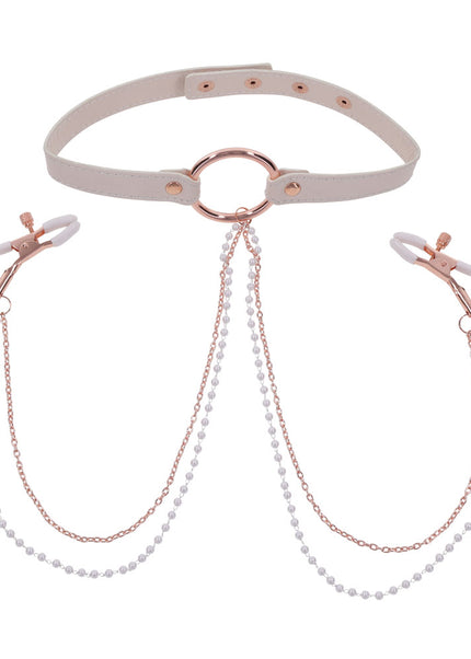 Sex & Mischief Peaches n CreaMe Collar with Nipple Clamps - Peach Nipple Restraints