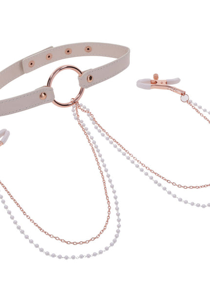 Sex & Mischief Peaches n CreaMe Collar with Nipple Clamps - Peach Nipple Restraints