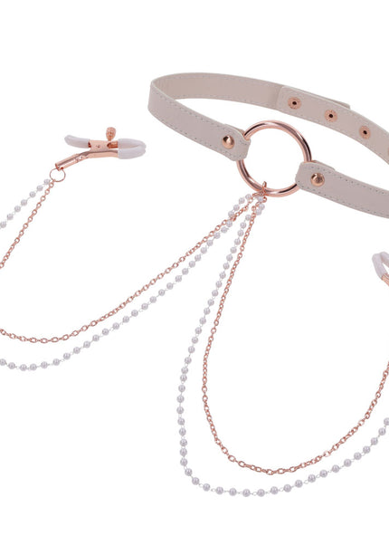Sex & Mischief Peaches n CreaMe Collar with Nipple Clamps - Peach Nipple Restraints