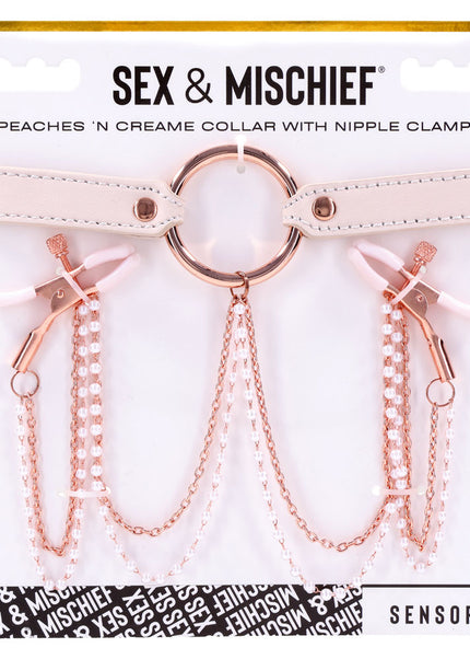 Sex & Mischief Peaches n CreaMe Collar with Nipple Clamps - Peach Nipple Restraints
