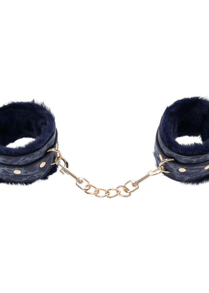 Sex & Mischief Cougar Fur Handcuffs - Navy Blue/Gold Furry Restraints