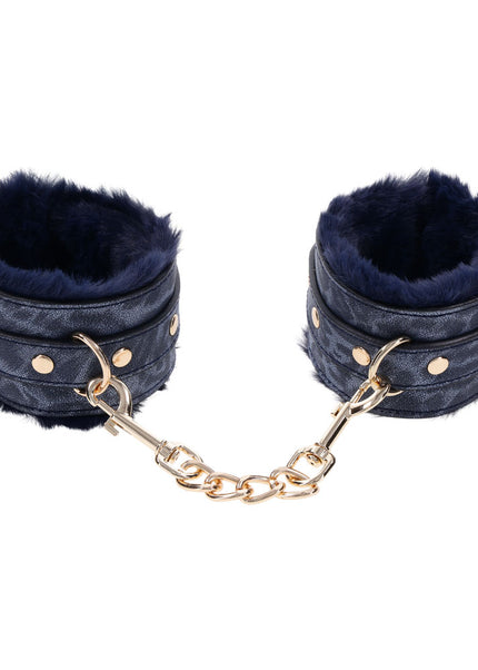 Sex & Mischief Cougar Fur Handcuffs - Navy Blue/Gold Furry Restraints