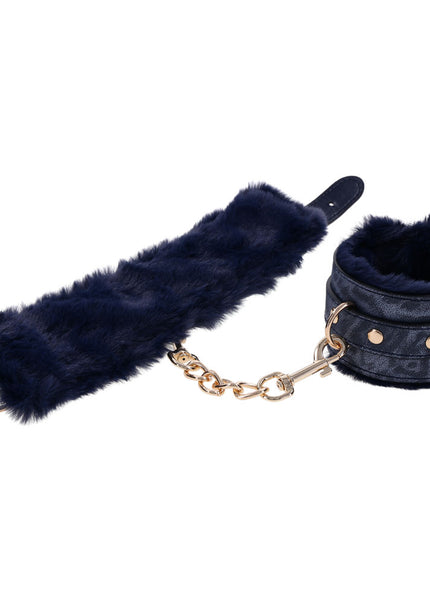 Sex & Mischief Cougar Fur Handcuffs - Navy Blue/Gold Furry Restraints