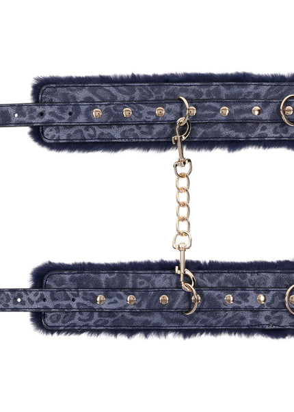 Sex & Mischief Cougar Fur Handcuffs - Navy Blue/Gold Furry Restraints