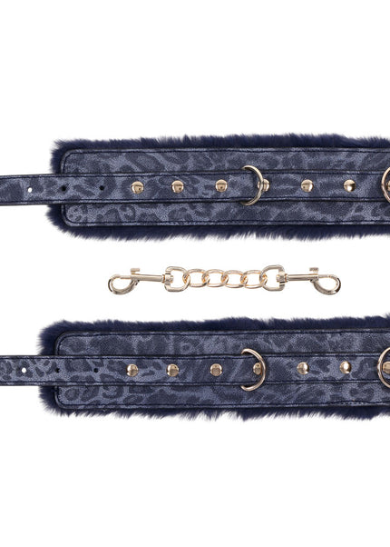 Sex & Mischief Cougar Fur Handcuffs - Navy Blue/Gold Furry Restraints