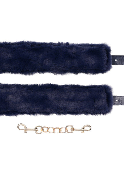 Sex & Mischief Cougar Fur Handcuffs - Navy Blue/Gold Furry Restraints