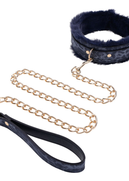 Sex & Mischief Cougar Fur Collar & Leash - Navy Blue/Gold Furry Restraint