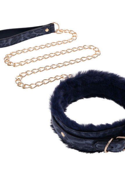Sex & Mischief Cougar Fur Collar & Leash - Navy Blue/Gold Furry Restraint