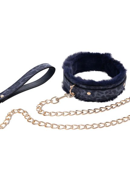 Sex & Mischief Cougar Fur Collar & Leash - Navy Blue/Gold Furry Restraint