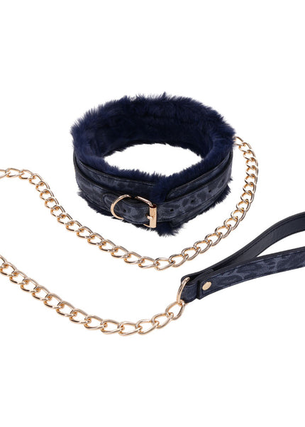 Sex & Mischief Cougar Fur Collar & Leash - Navy Blue/Gold Furry Restraint