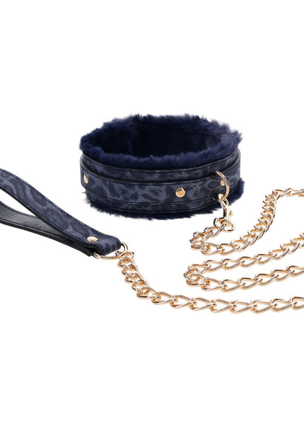 Sex & Mischief Cougar Fur Collar & Leash - Navy Blue/Gold Furry Restraint