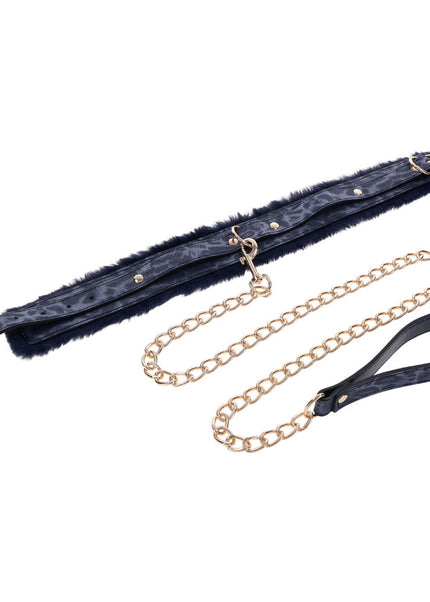 Sex & Mischief Cougar Fur Collar & Leash - Navy Blue/Gold Furry Restraint