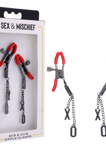 S&M Exs & Ohs Nipple Clamps - Red Tipped Metal Nipple Clamps - Set of 2