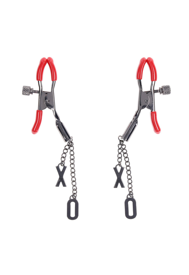 S&M Exs & Ohs Nipple Clamps - Red Tipped Metal Nipple Clamps - Set of 2
