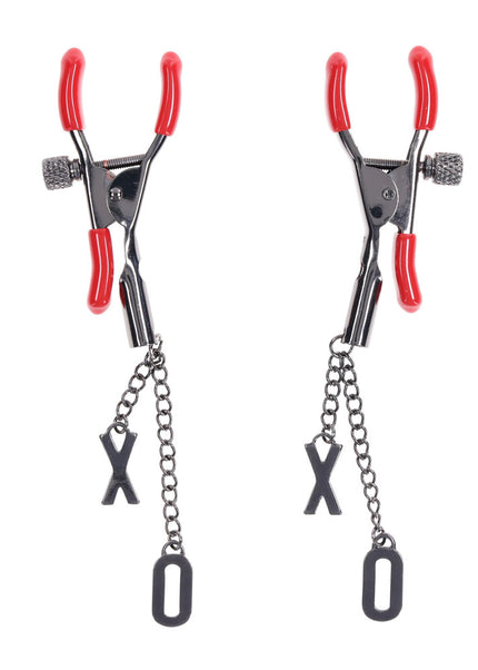 S&M Exs & Ohs Nipple Clamps - Red Tipped Metal Nipple Clamps - Set of 2