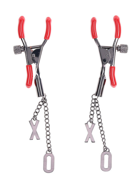 S&M Exs & Ohs Nipple Clamps - Red Tipped Metal Nipple Clamps - Set of 2