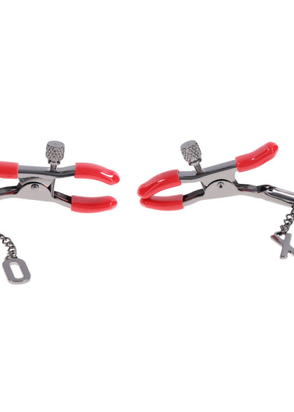 S&M Exs & Ohs Nipple Clamps - Red Tipped Metal Nipple Clamps - Set of 2