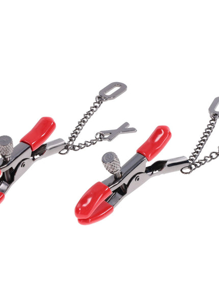 S&M Exs & Ohs Nipple Clamps - Red Tipped Metal Nipple Clamps - Set of 2