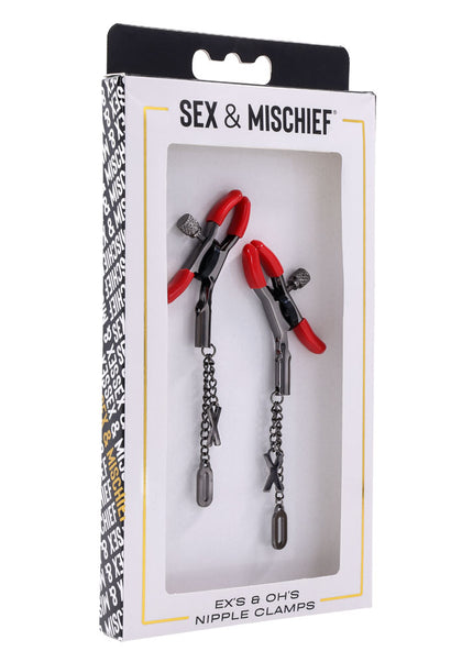 S&M Exs & Ohs Nipple Clamps - Red Tipped Metal Nipple Clamps - Set of 2