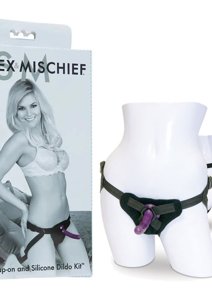 Sex & Mischief Strap-On & Silicone Dildo Kit - Black/Purple Adjustable Strap-On
