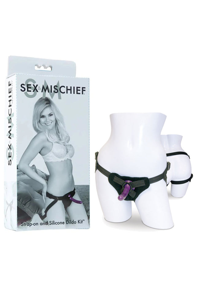 Sex & Mischief Strap-On & Silicone Dildo Kit - Black/Purple Adjustable Strap-On