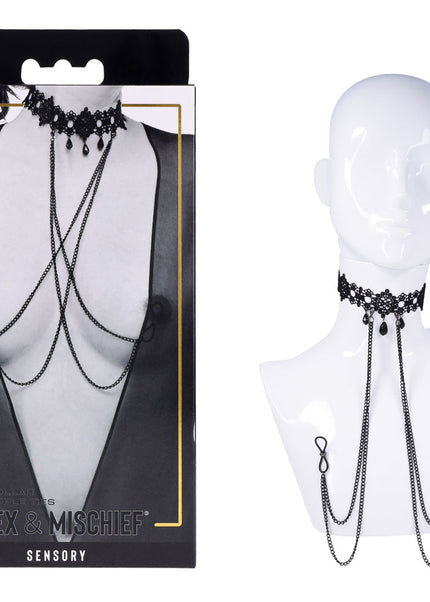 Sex & Mischief Lace Collar with Nipple Ties - Black Neck and Nipple Restraints