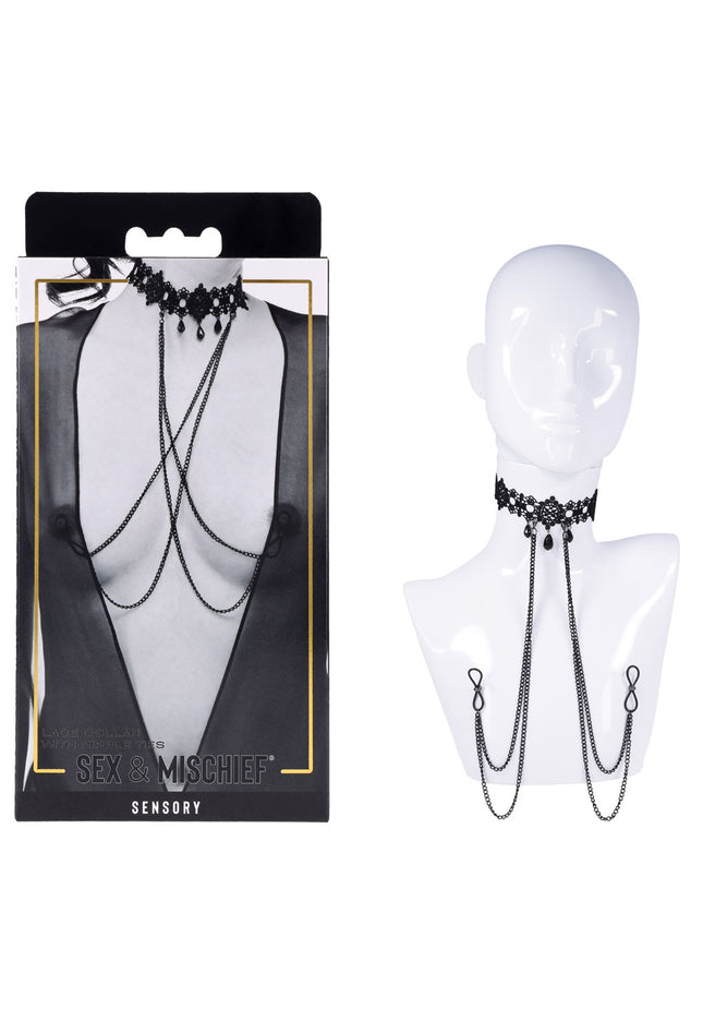 Sex & Mischief Lace Collar with Nipple Ties - Black Neck and Nipple Restraints