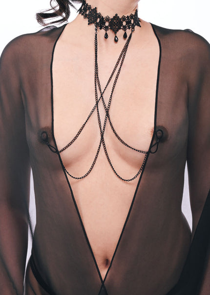 Sex & Mischief Lace Collar with Nipple Ties - Black Neck and Nipple Restraints