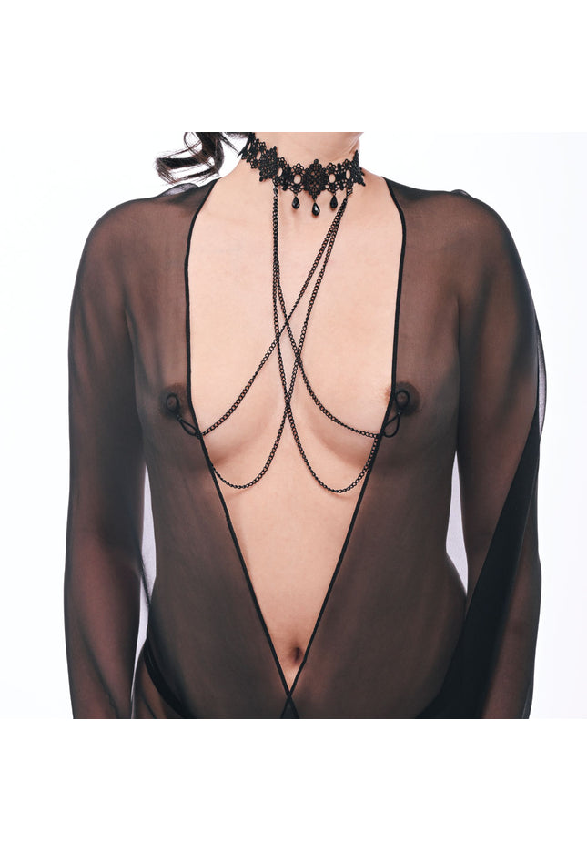 Sex & Mischief Lace Collar with Nipple Ties - Black Neck and Nipple Restraints