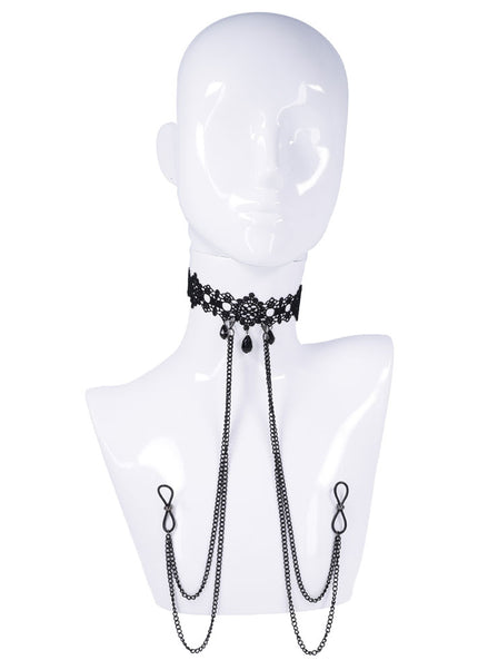 Sex & Mischief Lace Collar with Nipple Ties - Black Neck and Nipple Restraints