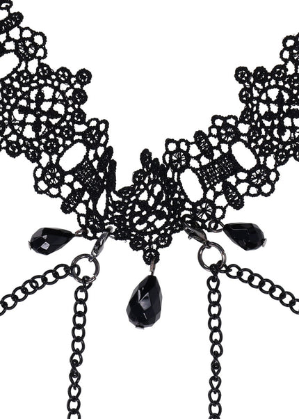 Sex & Mischief Lace Collar with Nipple Ties - Black Neck and Nipple Restraints