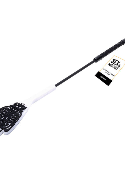 Sex & Mischief Lace Silicone Crop - Black/White 50 cm Crop Whip