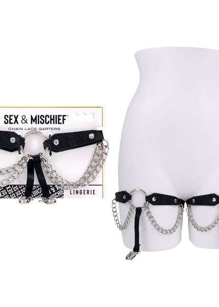 Sex & Mischief Chain Lace Garters - Black/Metal Garters