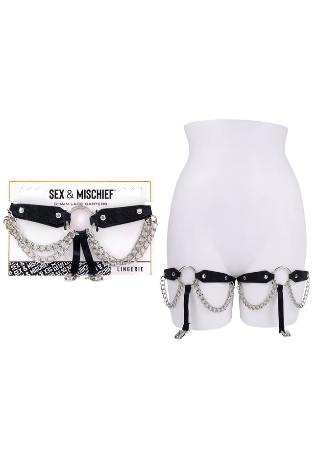 Sex & Mischief Chain Lace Garters - Black/Metal Garters