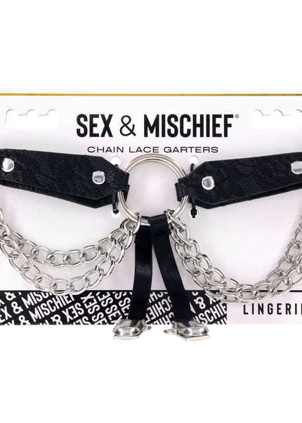Sex & Mischief Chain Lace Garters - Black/Metal Garters