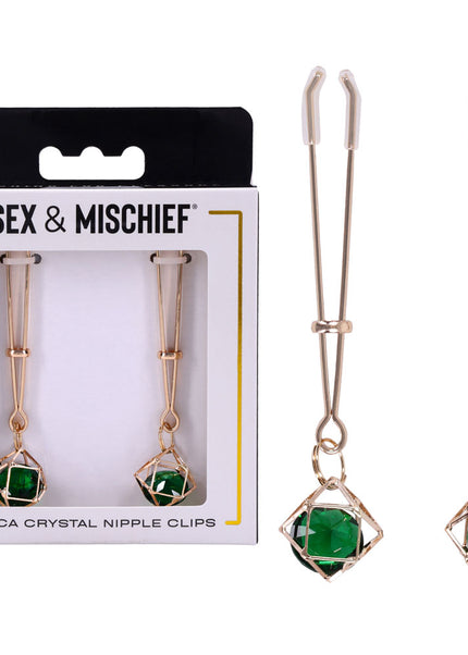 Sex & Mischief Indica Crystal Nipple Clips - Gold Nipple Clips with Emerald Gems