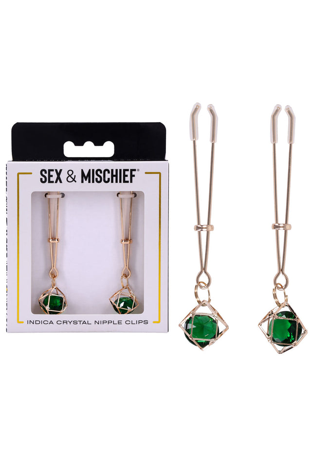 Sex & Mischief Indica Crystal Nipple Clips - Gold Nipple Clips with Emerald Gems