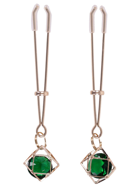 Sex & Mischief Indica Crystal Nipple Clips - Gold Nipple Clips with Emerald Gems