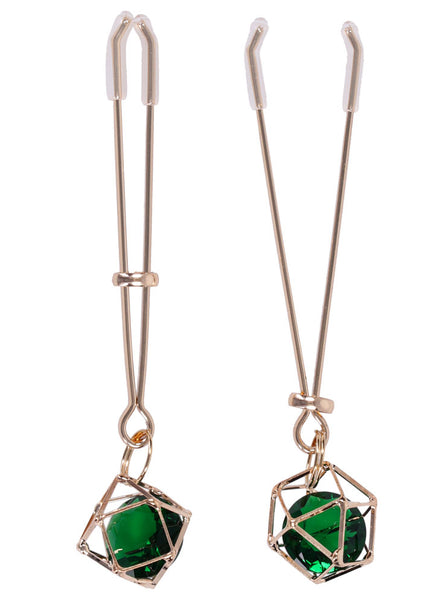 Sex & Mischief Indica Crystal Nipple Clips - Gold Nipple Clips with Emerald Gems