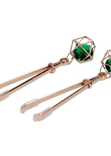 Sex & Mischief Indica Crystal Nipple Clips - Gold Nipple Clips with Emerald Gems