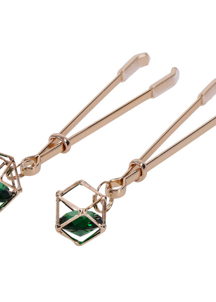 Sex & Mischief Indica Crystal Nipple Clips - Gold Nipple Clips with Emerald Gems